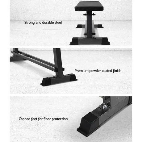 Flat weight bench with strong steel frame, powder coated finish, and capped feet for protection