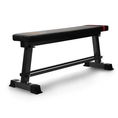 Black flat weight bench with sturdy steel frame for home or gym workouts