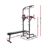 Black and red multi-functional workout bench with chin-up and dip station, fitness exercise equipment
