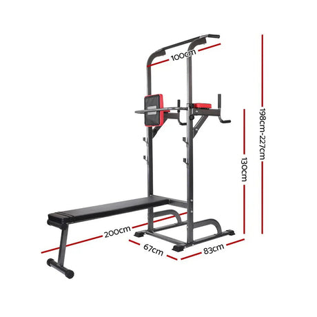 Black and red multi-functional workout bench with chin-up and dip station, fitness exercise equipment