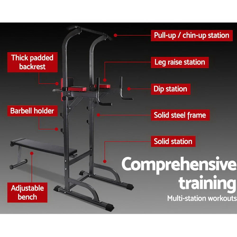 Multi-station black steel fitness training equipment with pull-up, dip, leg raise stations, and adjustable bench