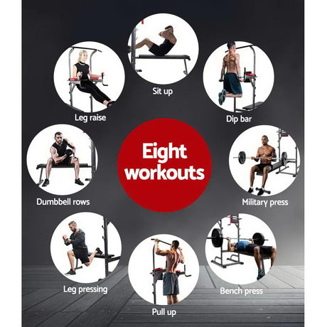 Eight workouts including leg raise, sit up, dip bar, dumbbell rows, military press, leg pressing, pull up, and bench press on fitness equipment