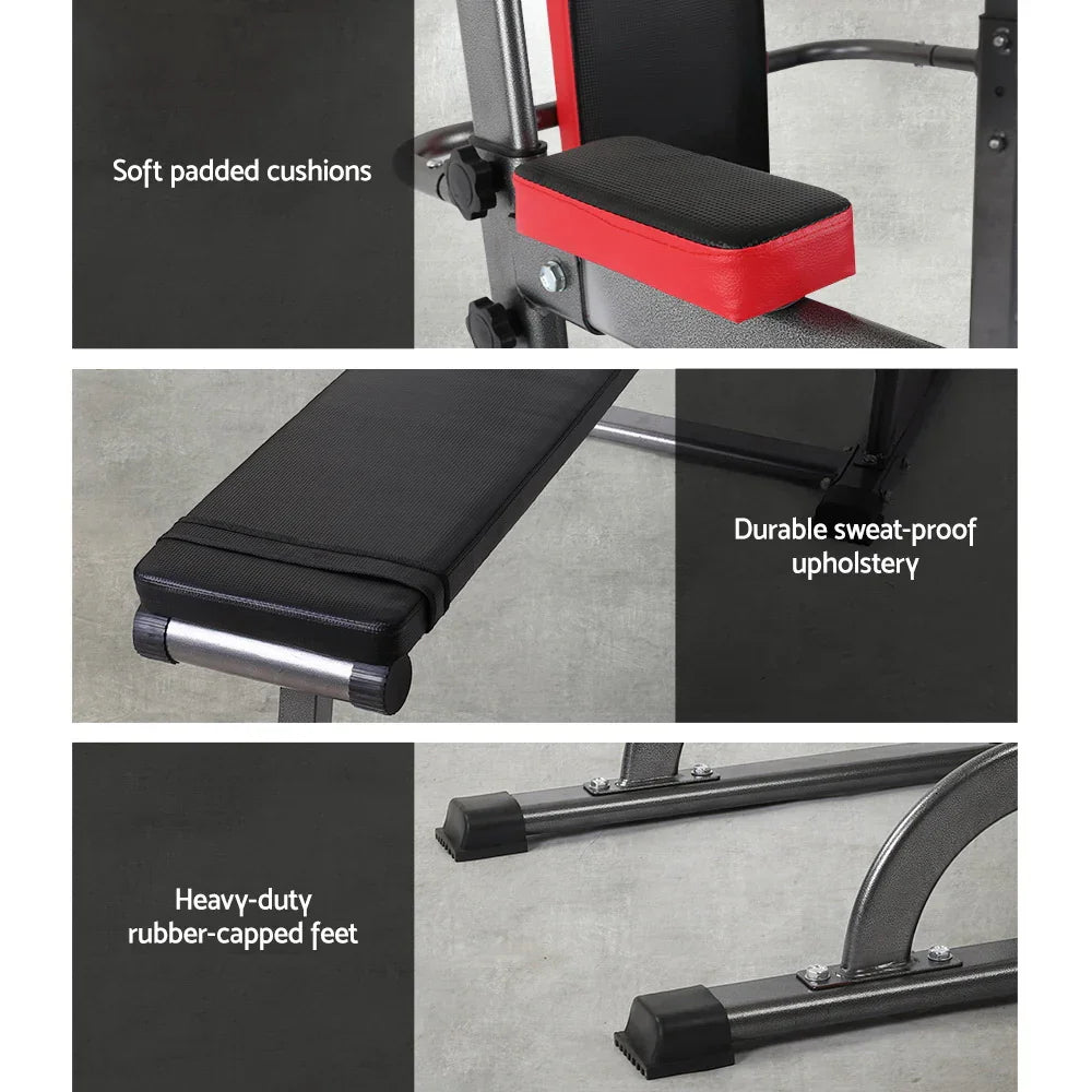 Close-up of fitness bench with soft padded cushions, sweat-proof upholstery, and rubber-capped feet