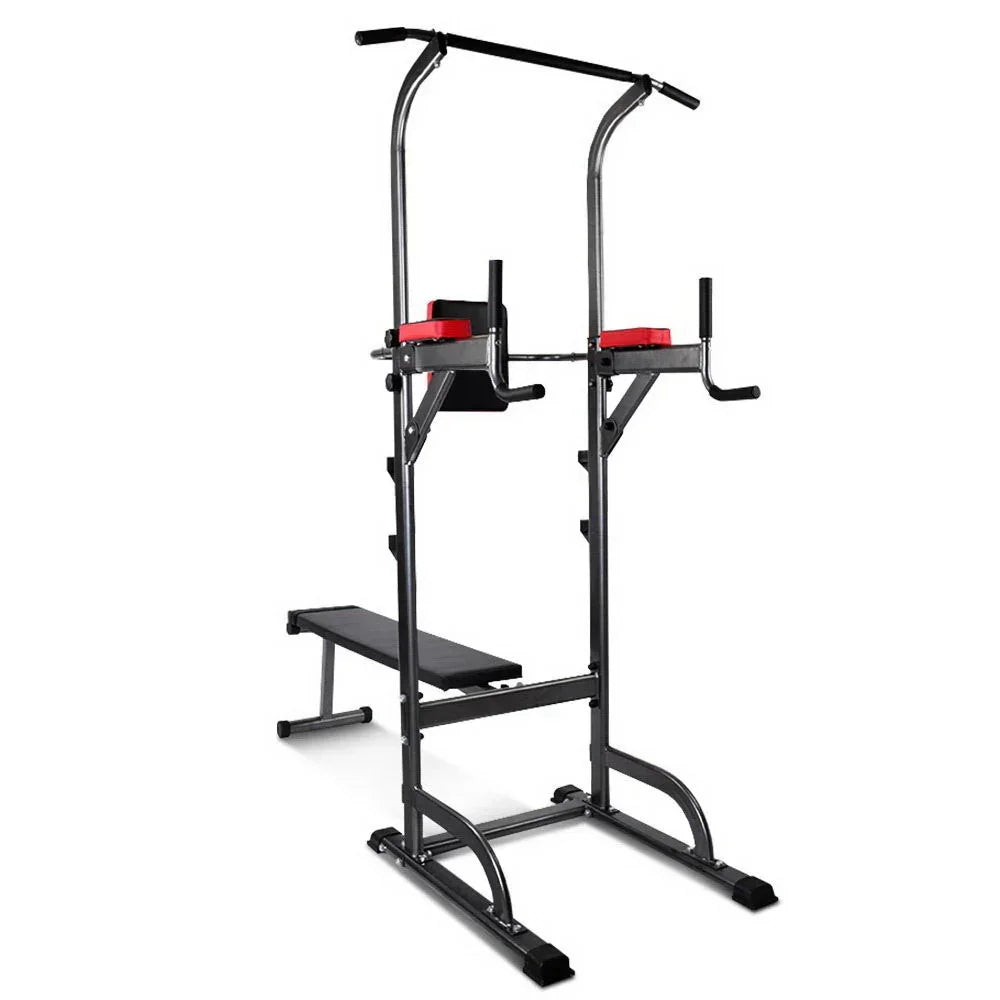 Black and red multi-function workout station with chin-up bar and bench for strength training