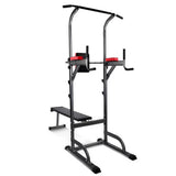Black and red multi-function workout station with chin-up bar and bench for strength training