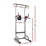 Adjustable pull up and dip station with padded supports and dimensions marked in centimeters