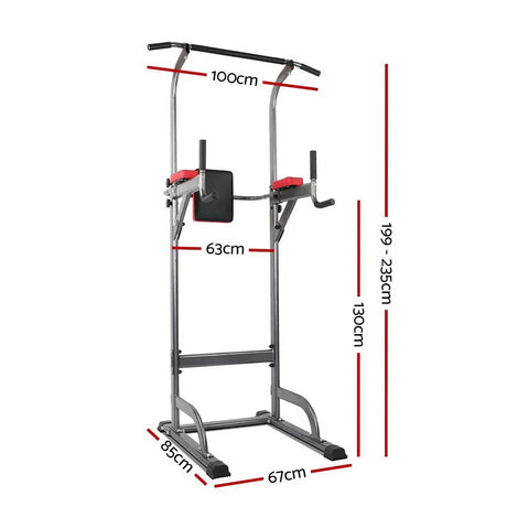 Adjustable pull up and dip station with padded supports and dimensions marked in centimeters