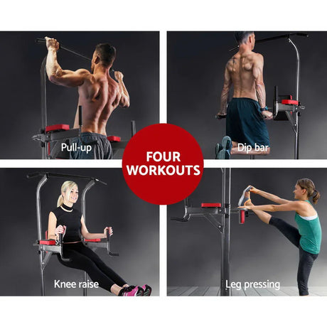 Four workout exercises on chin-up tower: pull-up, dip bar, knee raise, leg pressing with men and women