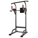 Black and gray power tower workout station with red arm pads, pull-up bar, and dip handles