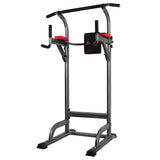 Black and gray power tower workout station with red arm pads, pull-up bar, and dip handles