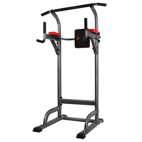 Black and gray power tower workout station with red arm pads, pull-up bar, and dip handles