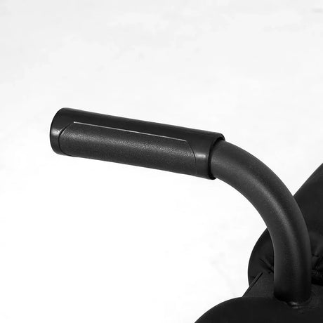 Close-up of black textured rubber handle on curved metal bar, fitness equipment detail on white background