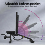 Black adjustable fitness bench showing 14 backrest positions for versatile workout angles