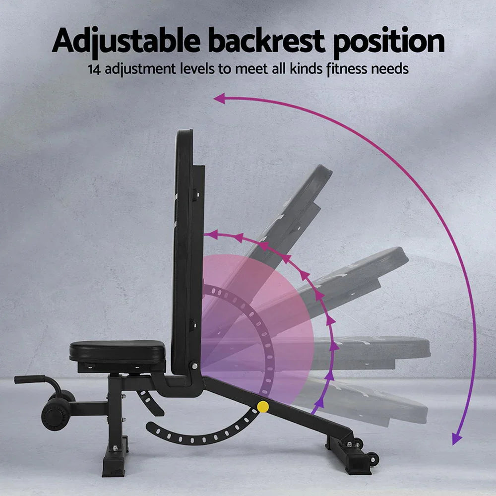 Black adjustable fitness bench showing 14 backrest positions for versatile workout angles