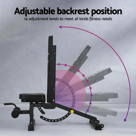 Black adjustable fitness bench showing 14 backrest positions for versatile workout angles