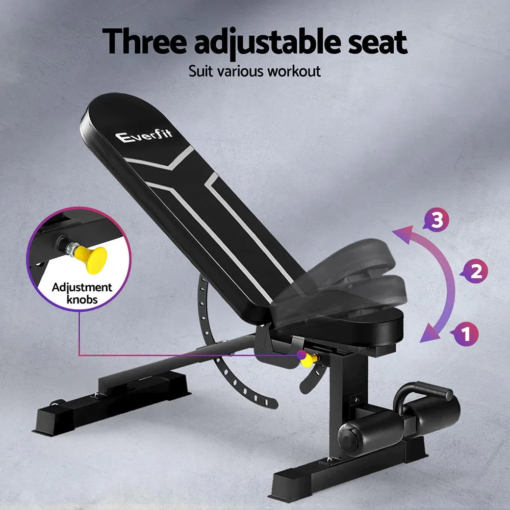 Black Everfit adjustable workout bench with three seat positions and yellow adjustment knobs