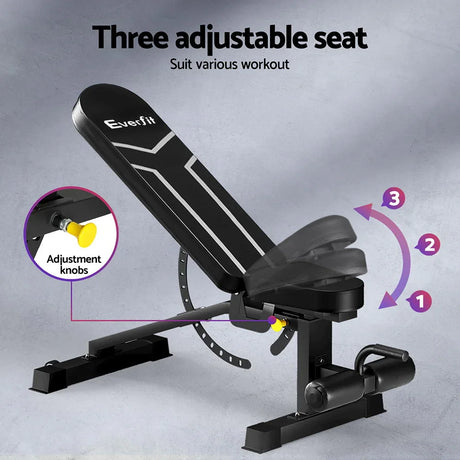Black Everfit adjustable workout bench with three seat positions and yellow adjustment knobs