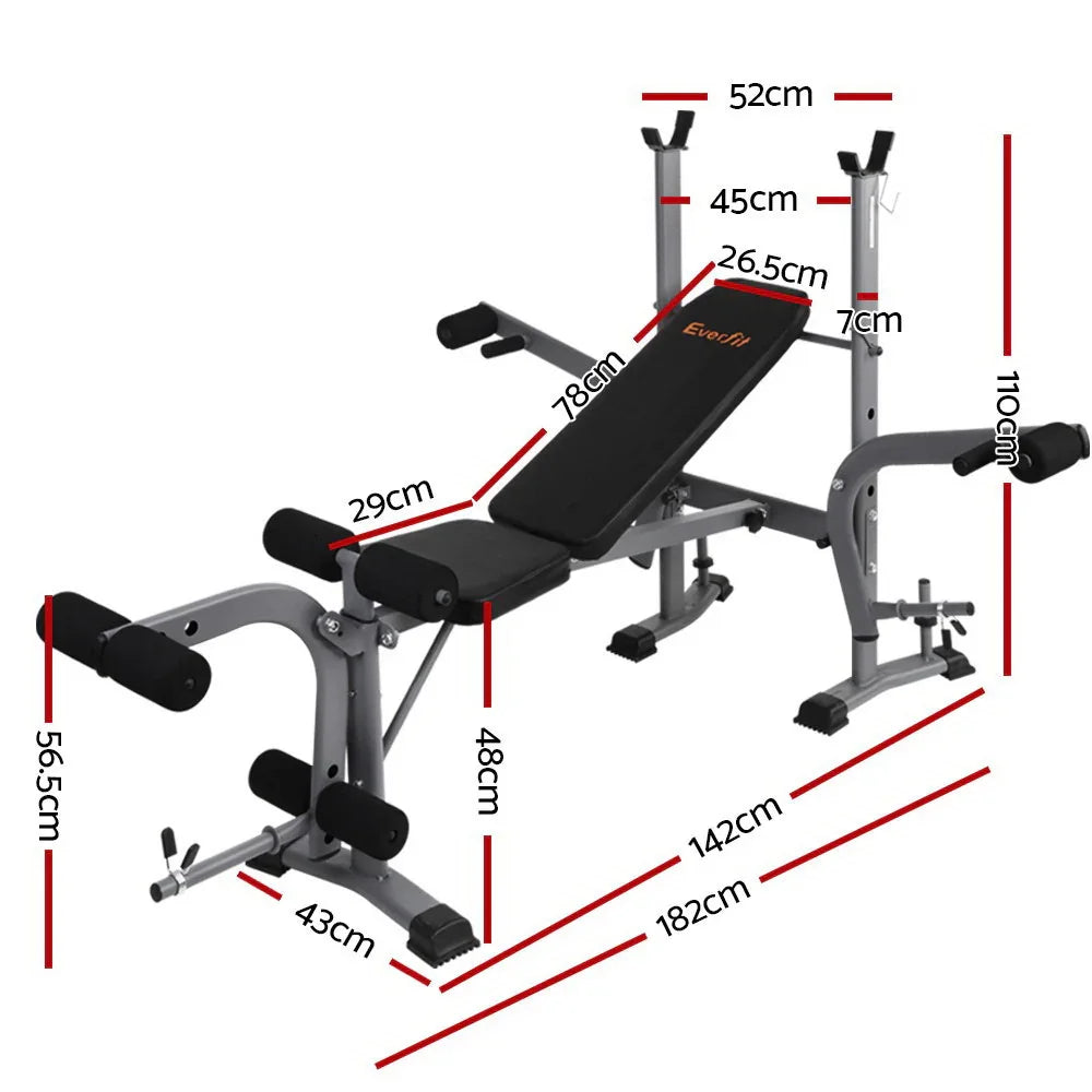 Adjustable Everfit weight bench with leg developer and barbell rack, detailed dimensions shown
