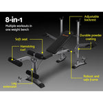 8-in-1 weight bench with adjustable backrest, soft seat, leg extension, hamstring curl, durable powder coating, and sturdy frame