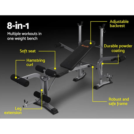 8-in-1 weight bench with adjustable backrest, soft seat, leg extension, hamstring curl, durable powder coating, and sturdy frame