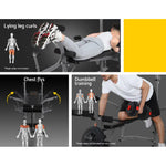 Home gym bench with man doing lying leg curls, chest flys, and dumbbell training exercises