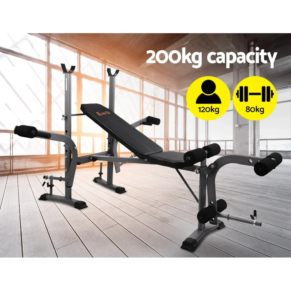 Adjustable weight bench with black padding and 200kg capacity in a bright workout space