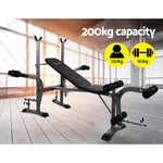 Adjustable weight bench with black padding and 200kg capacity in a bright workout space