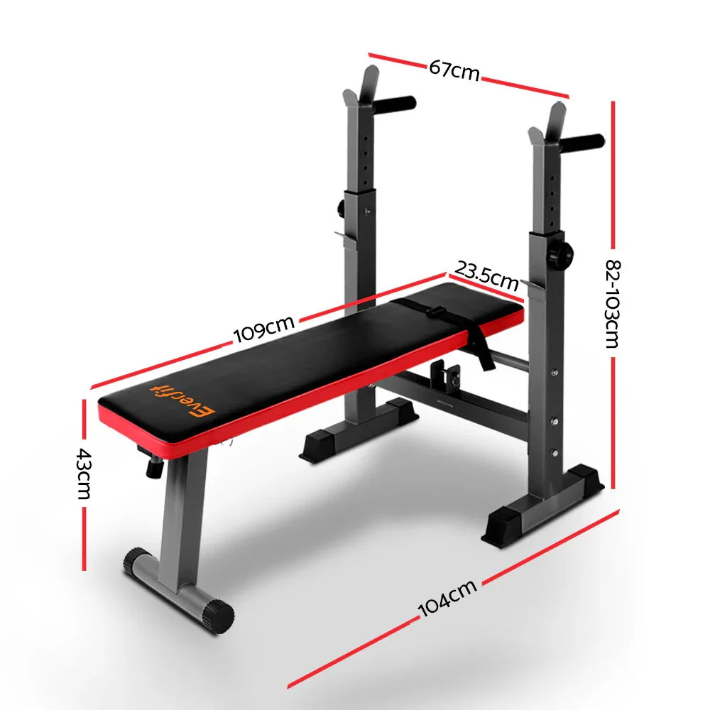 Adjustable weight bench with dimensions, black and red gym equipment for home workouts