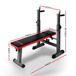 Adjustable weight bench with dimensions, black and red gym equipment for home workouts