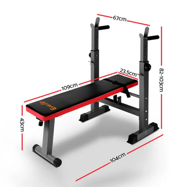 Adjustable weight bench with dimensions, black and red gym equipment for home workouts