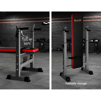 Everfit weight bench with pull up bars, foldable design, in a gym setting