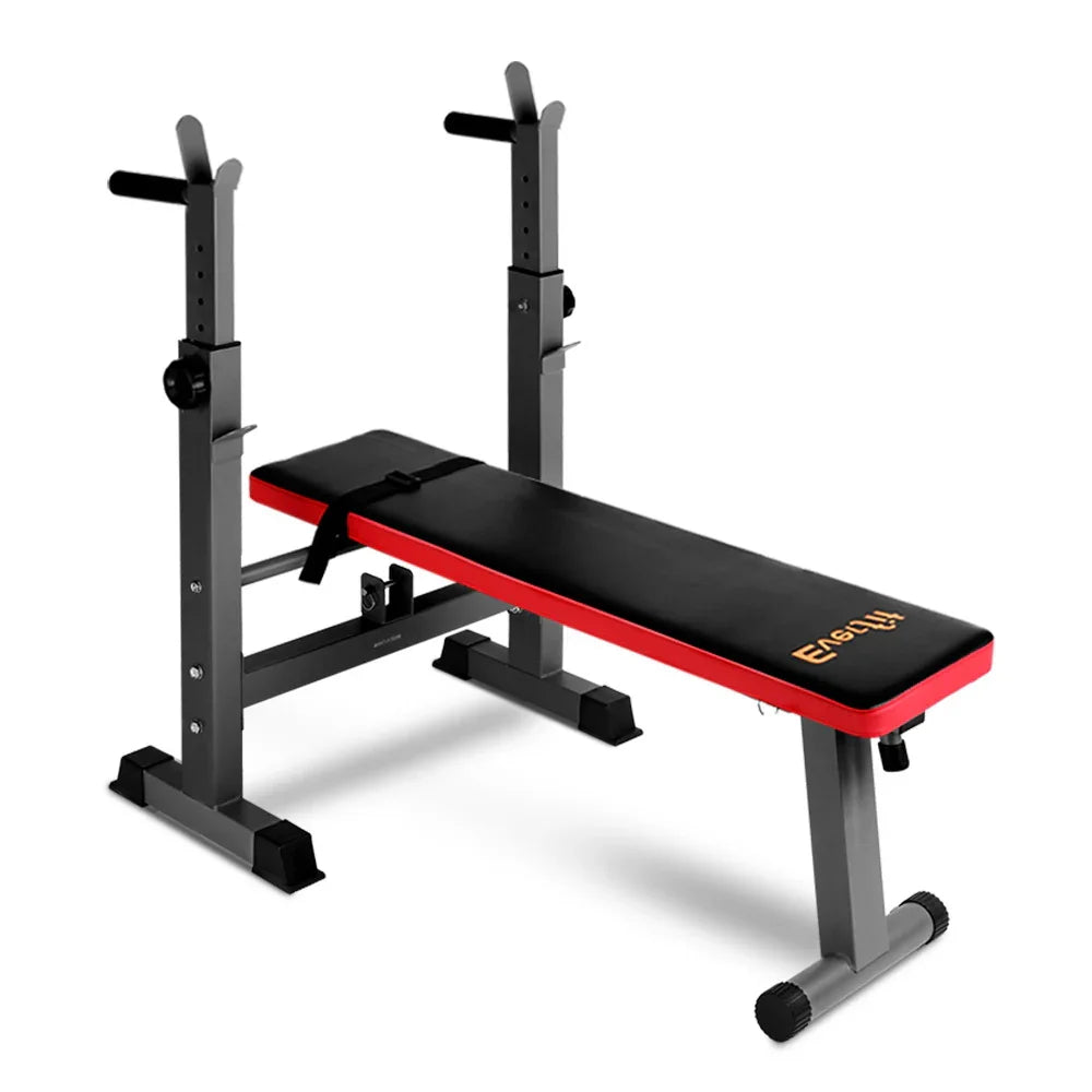 Black and red adjustable weight bench with barbell rack for home gym fitness