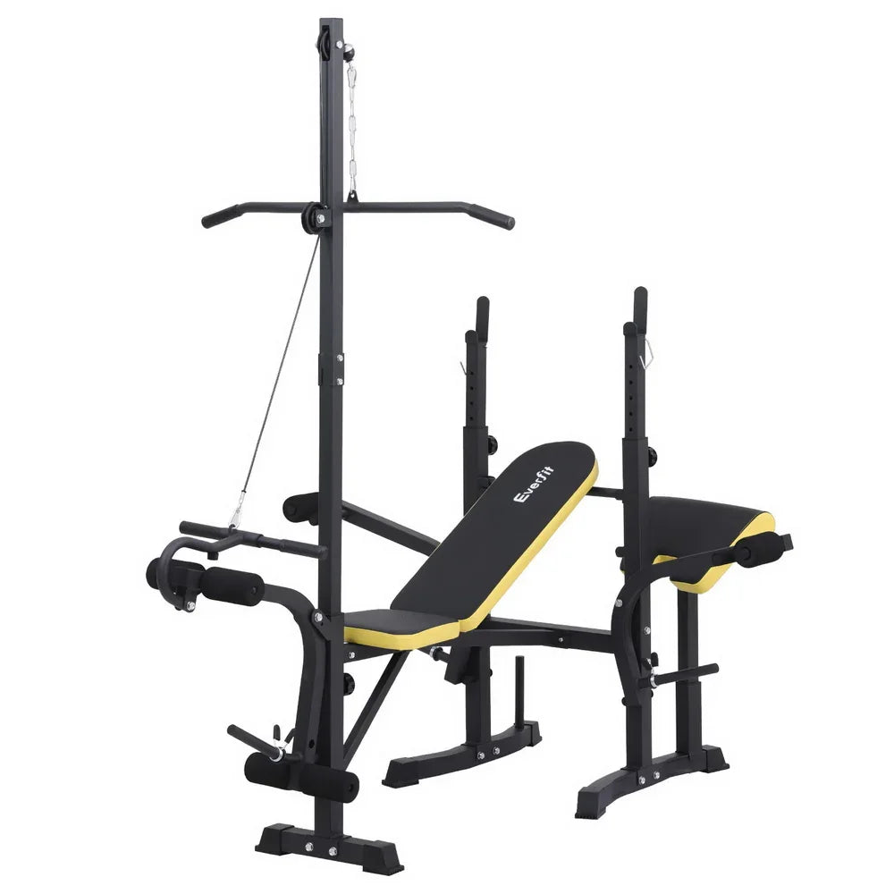 Black and yellow adjustable weight bench with pulldown bar and leg developer attachment