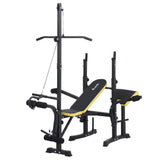 Black and yellow adjustable weight bench with pulldown bar and leg developer attachment