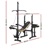 Adjustable weight bench with yellow-black padding and dimensions for home gym equipment