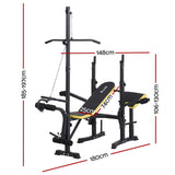 Adjustable weight bench with yellow-black padding and dimensions for home gym equipment