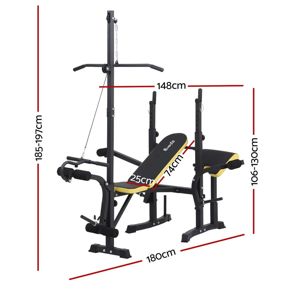 Adjustable weight bench with yellow-black padding and dimensions for home gym equipment