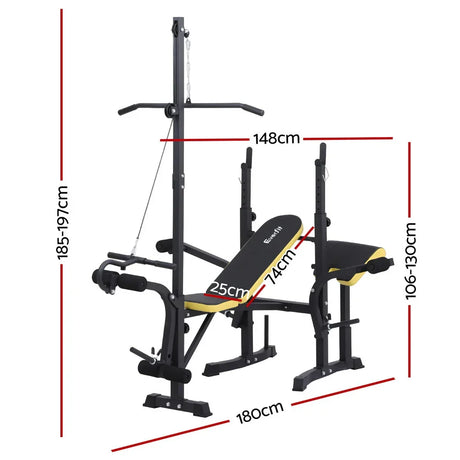 Adjustable weight bench with yellow-black padding and dimensions for home gym equipment