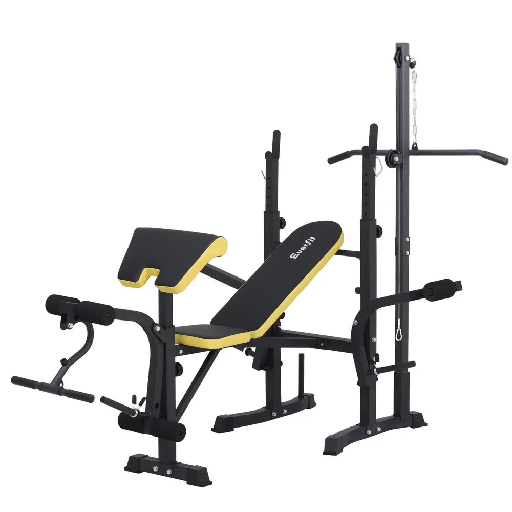 Black and yellow adjustable weight bench with rack and preacher curl pad for home gym