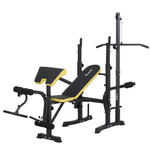 Black and yellow adjustable weight bench with rack and preacher curl pad for home gym