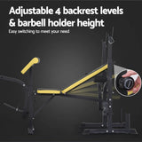 Adjustable workout bench with yellow padding, 4 backrest levels, and barbell holder