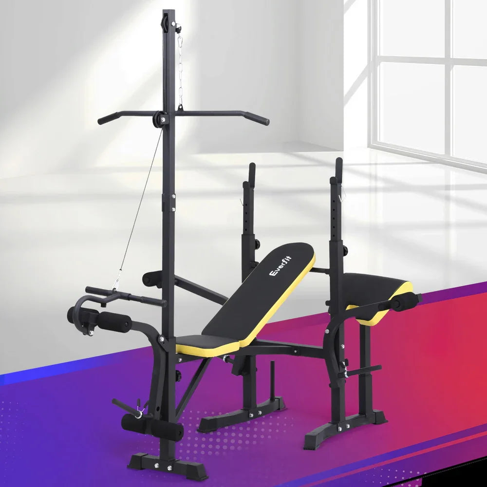 Adjustable weight bench with barbell rack and lat pulldown station in a modern gym