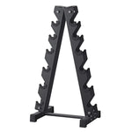 Black A-frame dumbbell rack with six angled holders on each side for gym equipment