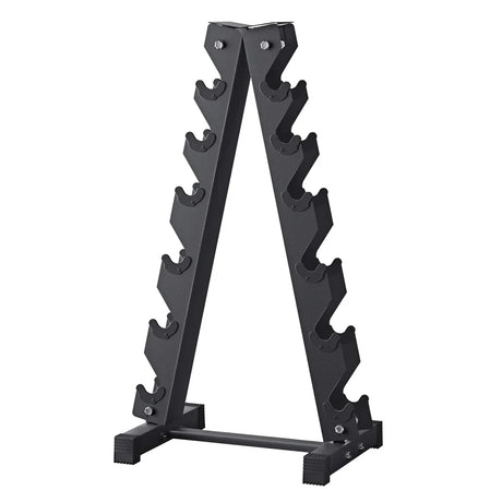 Black A-frame dumbbell rack with six angled holders on each side for gym equipment
