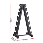 Black A-frame dumbbell rack with six pairs of hooks and dimensions 104x53.5x41.5 cm