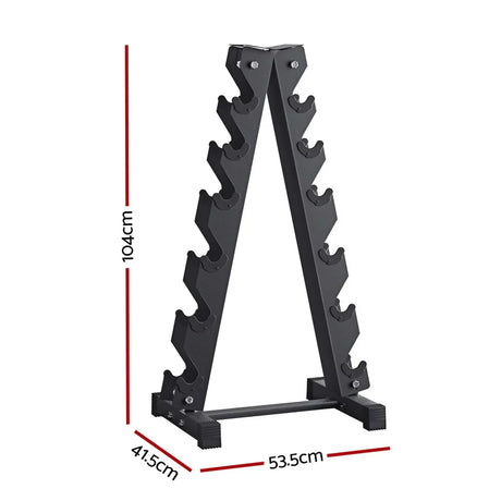 Black A-frame dumbbell rack with six pairs of hooks and dimensions 104x53.5x41.5 cm