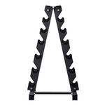 Black metal A-frame rack for organizing six fitness bars or rods