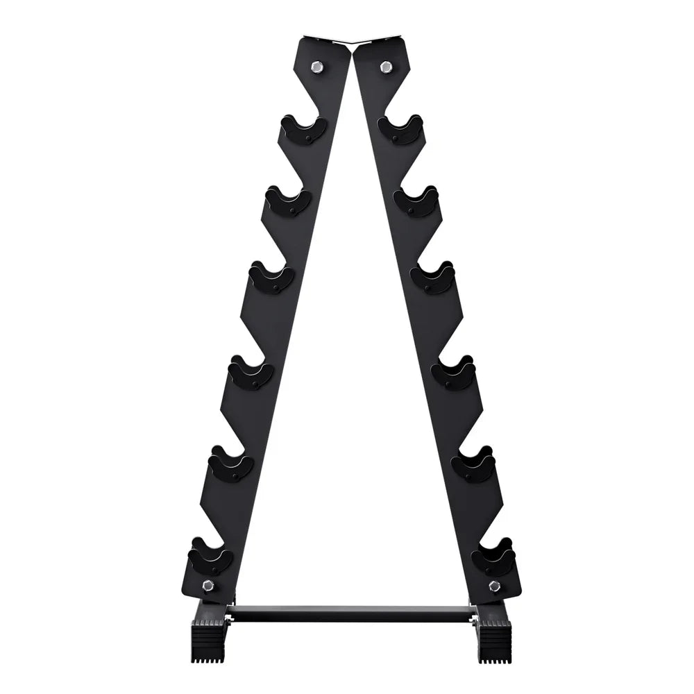 Black metal A-frame rack for organizing six fitness bars or rods