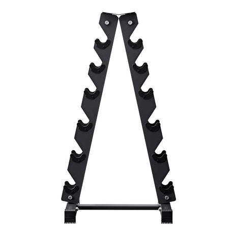 Black metal A-frame rack for organizing six fitness bars or rods