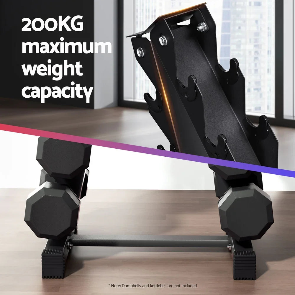 Black metal dumbbell rack with six weight slots showing 200kg max capacity in a room with wooden floor